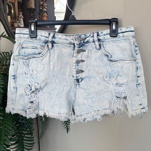 Harper Heritage Jean Shorts Light Blue Stretch Raw Hem Distressed Button Fly
